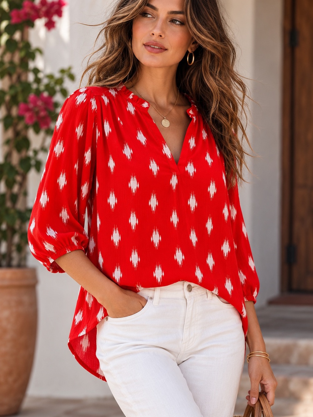 Ikat Print Ruffle Neck 3/4 Sleeve Blouse Gibson NWT Small